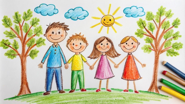 um desenho de uma família com um rosto feliz