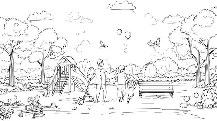 Foto um desenho de uma família em um parque com uma cerca e uma mesa de piquenique