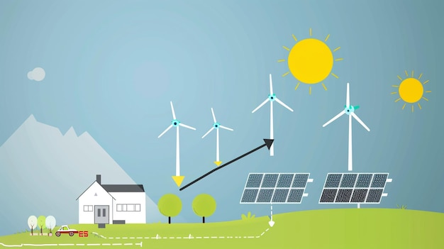 um desenho de uma fazenda solar com um céu azul e uma casa com painéis solares