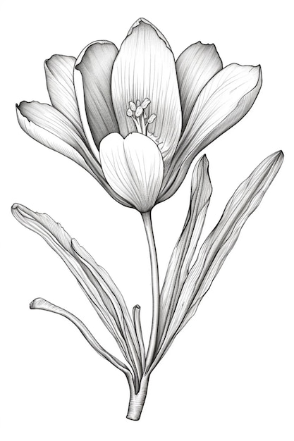 um desenho de uma flor com folhas e um botão de flor generativo ai
