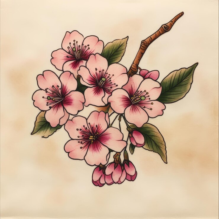 Foto um desenho de uma flor de cereja com a palavra cereja nele