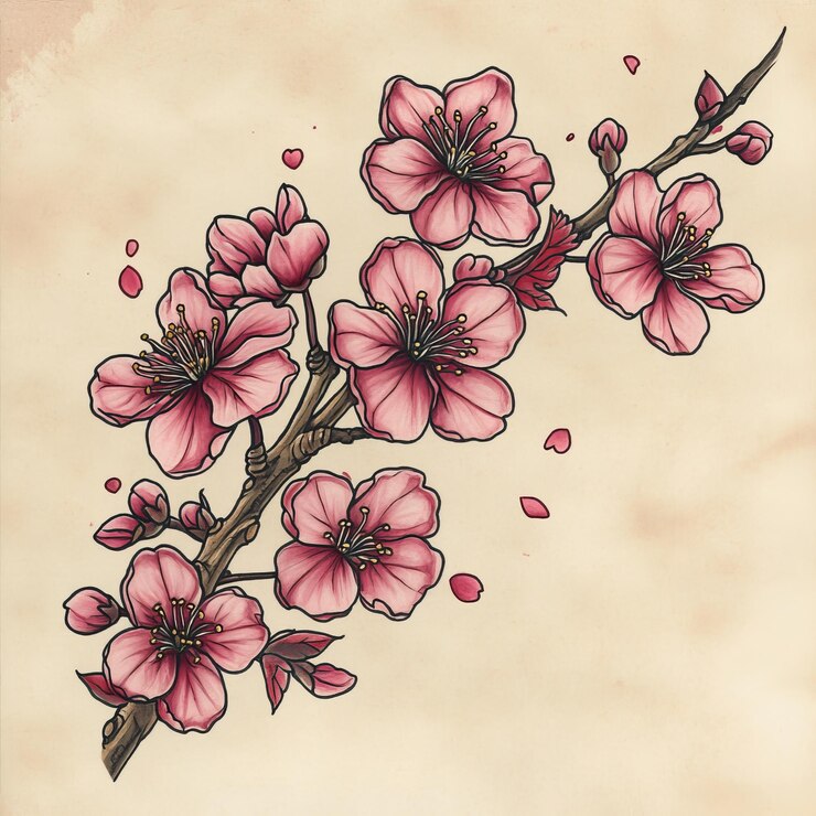 Foto um desenho de uma flor de cereja com pétalas cor-de-rosa