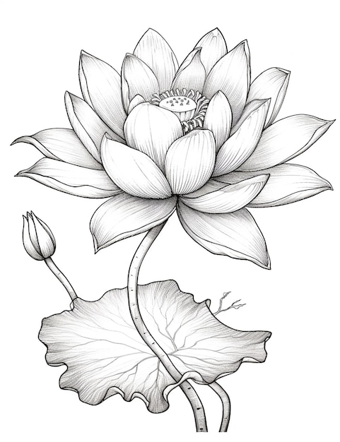 Foto um desenho de uma flor de lótus com folhas e botões
