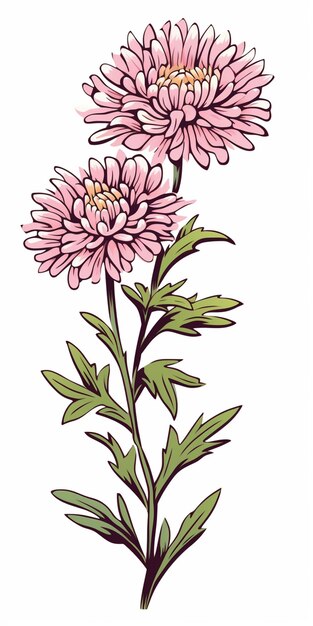 um desenho de uma flor rosa com folhas verdes em um fundo branco generativo ai