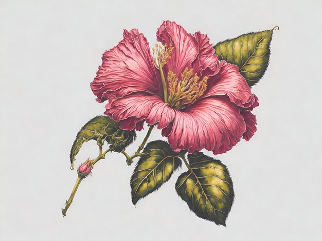 Foto um desenho de uma flor rosa com folhas