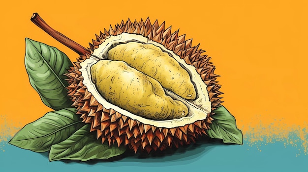 Um desenho de uma fruta durian em um fundo azul.