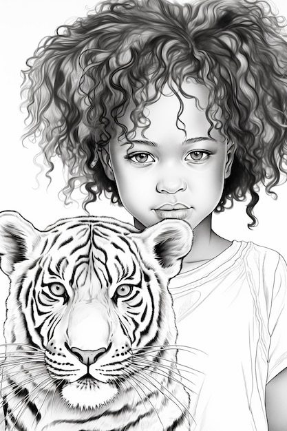 um desenho de uma garota com cabelos cacheados segurando um tigre generativo ai