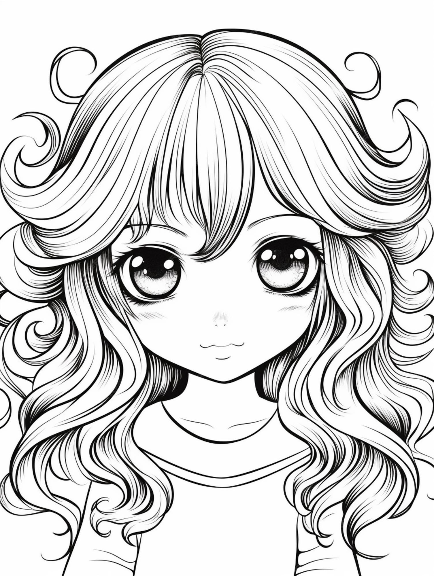 Desenhos para colorir Kawaii, olhos grandes, cabelos compridos