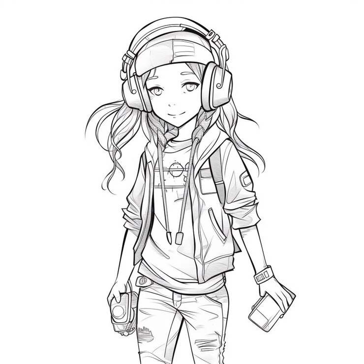 um desenho de uma garota com fones de ouvido e uma mochila generativa ai
