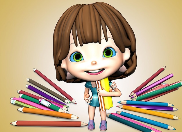 Um desenho de uma garota com um monte de lápis
