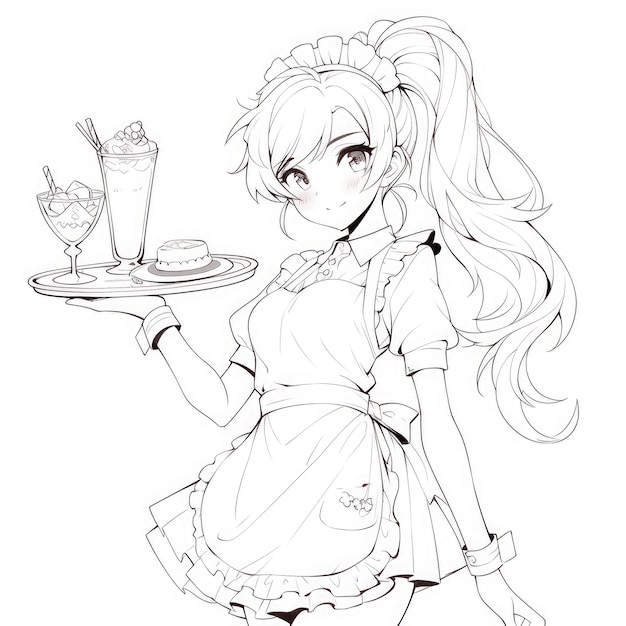 um desenho de uma garota de anime segurando uma bandeja de comida