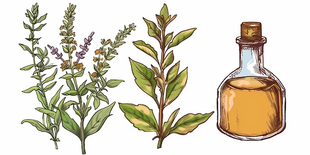 um desenho de uma garrafa de óleo e flores