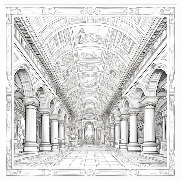 Foto um desenho de uma grande sala com colunas e um teto generativo ai