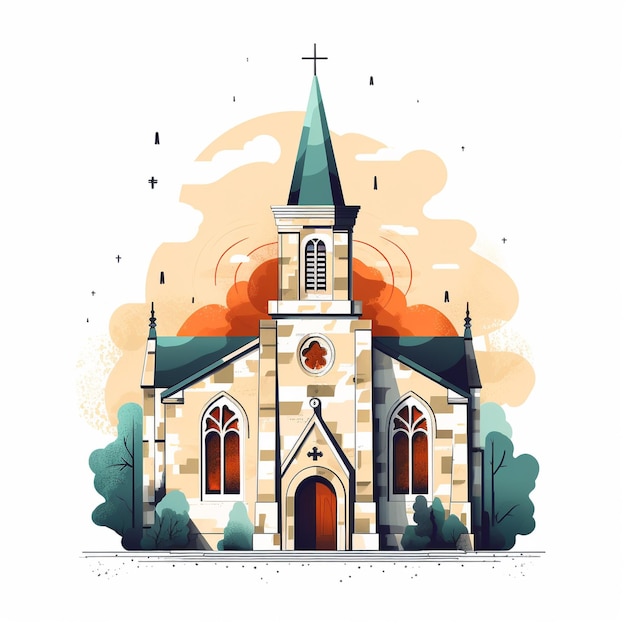 Um desenho de uma igreja com uma cruz no topo.