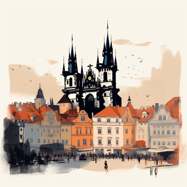 Um desenho de uma igreja em praga