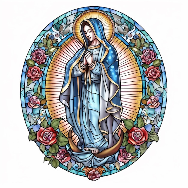 Um desenho de uma imagem de vidro colorido da Virgem Maria generativa ai
