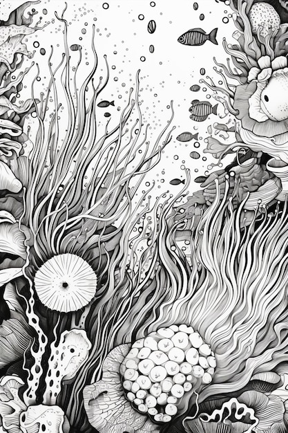 um desenho de uma imagem em preto e branco de uma vida marinha generativa ai