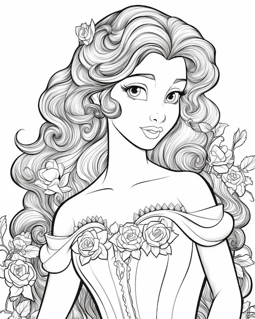 um desenho de uma linda princesa com cabelos longos e rosas generativas ai