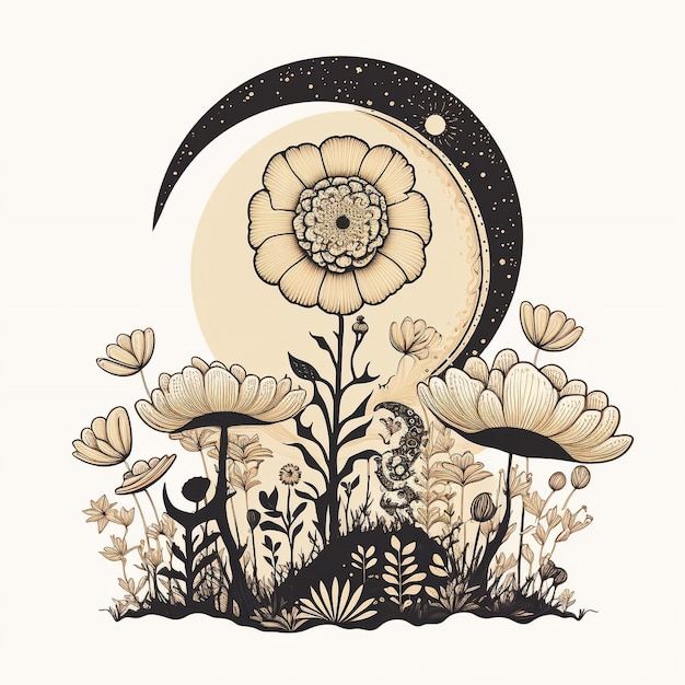 Um desenho de uma lua e flores com uma lua ao fundo.