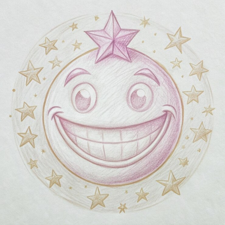 Foto um desenho de uma lua sorridente com estrelas ao seu redor
