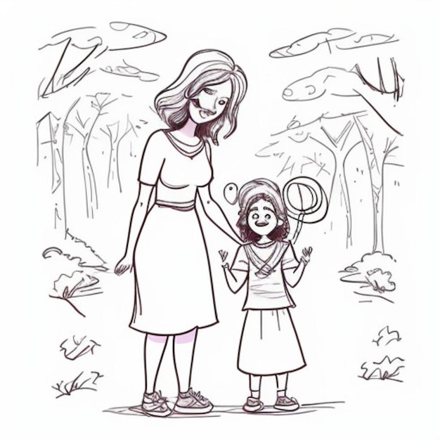 um desenho de uma mãe e filha com balões e árvores no fundo