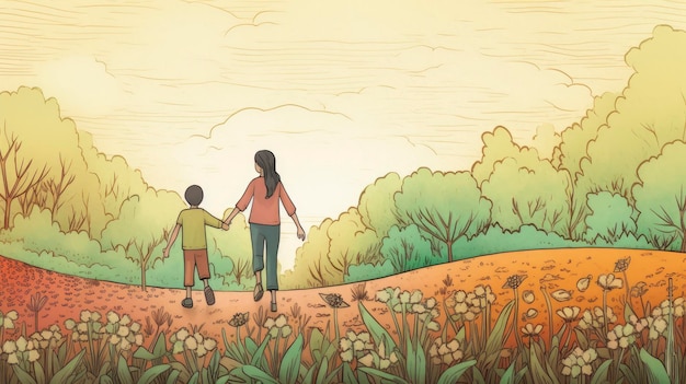 Um desenho de uma mãe e filho caminhando em um caminho com fundo amarelo.