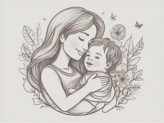 um desenho de uma mãe e seu bebê com borboletas e borboletas