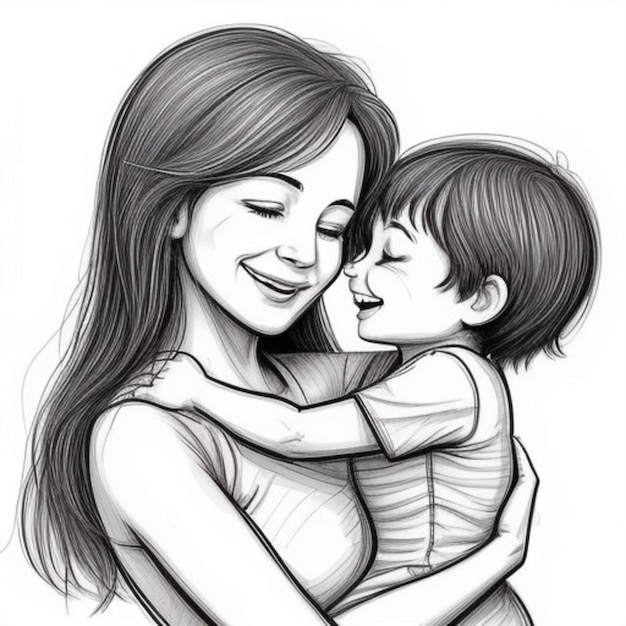 Um desenho de uma mãe e seu filho com um desenho de sua mãe abraçando-a