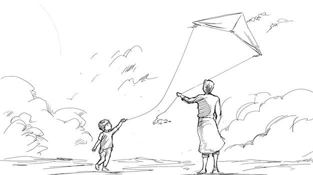 um desenho de uma mãe e uma criança voando uma cometa