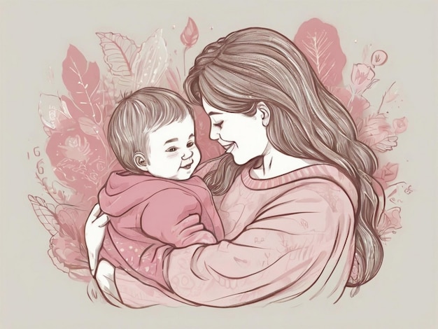 um desenho de uma mãe segurando um bebê com um fundo rosa