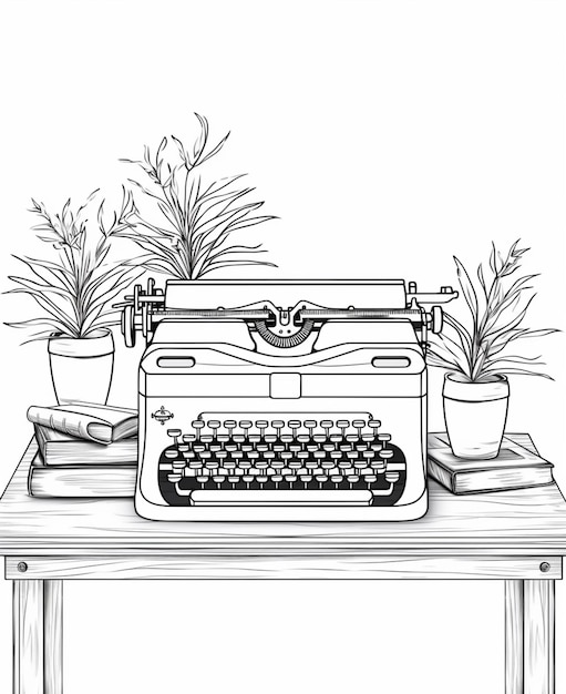Foto um desenho de uma máquina de escrever sobre uma mesa com uma planta generativa ai