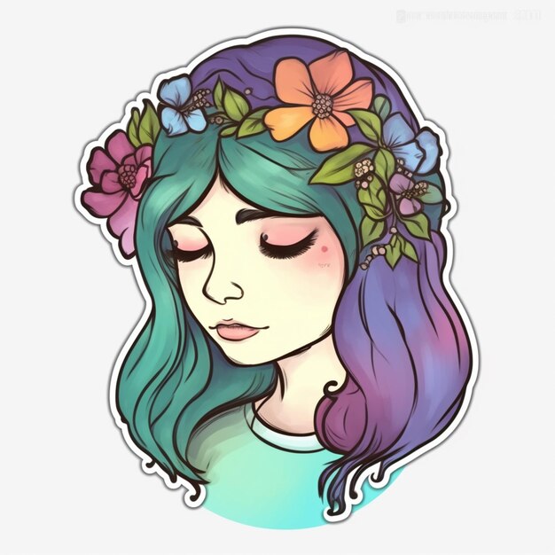 um desenho de uma menina com cabelo azul e flores no cabelo generativo ai