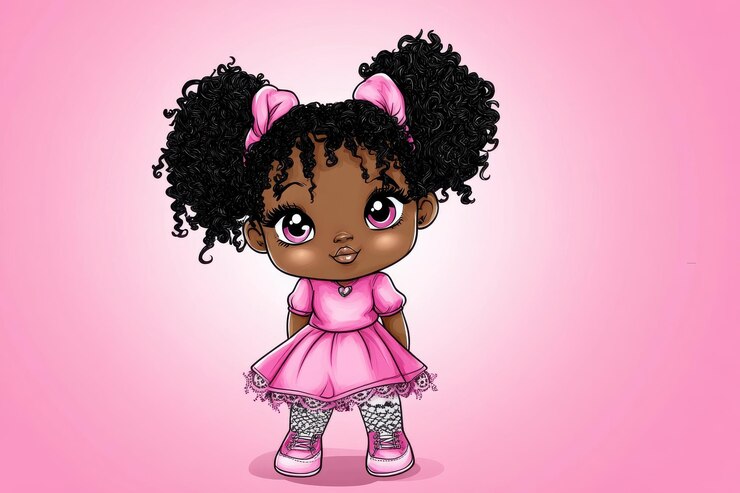 Foto um desenho de uma menina com cabelo preto e sapatos cor-de-rosa