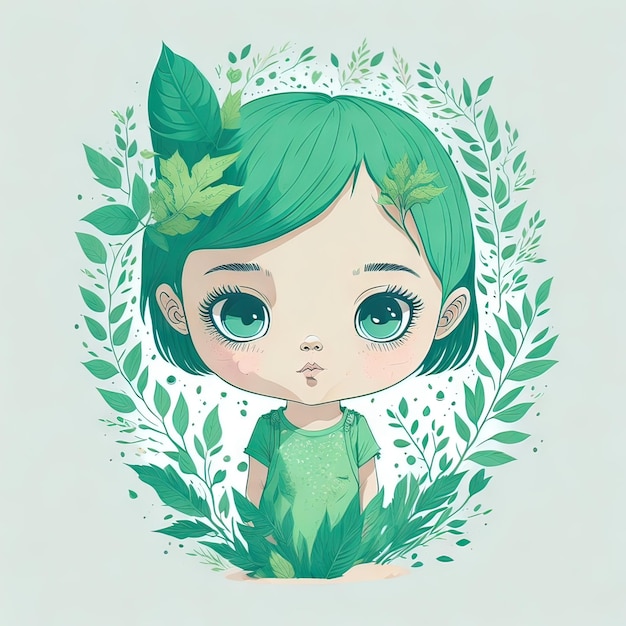 Um desenho de uma menina com cabelo verde e uma folha verde na cabeça.