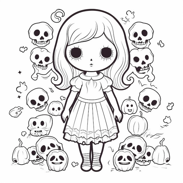 um desenho de uma menina com crânios e crânios