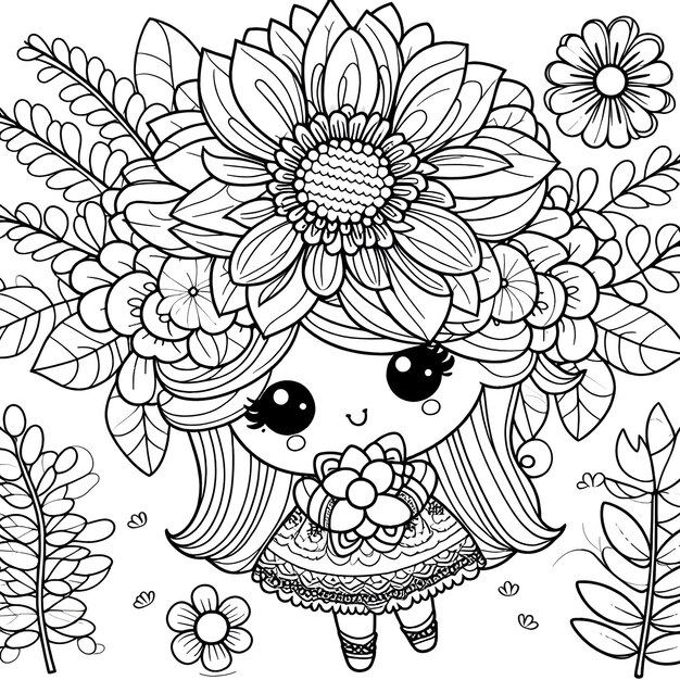 Foto um desenho de uma menina com flores e uma flor no cabelo