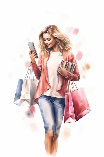 Foto um desenho de uma menina com sacos de compras e um telefone