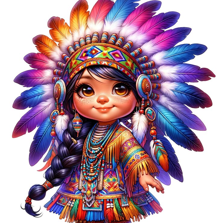 Foto um desenho de uma menina com um chapéu colorido e penas