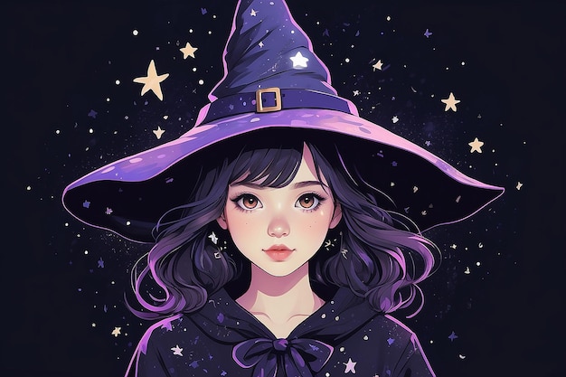 Um desenho de uma menina com um chapéu de bruxa com estrelas generativas ai