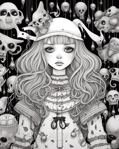 Um desenho de uma menina com um chapéu e caveiras no fundo generative ai