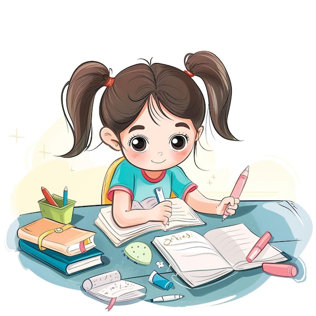 um desenho de uma menina com um lápis e um livro intitulado uma menina