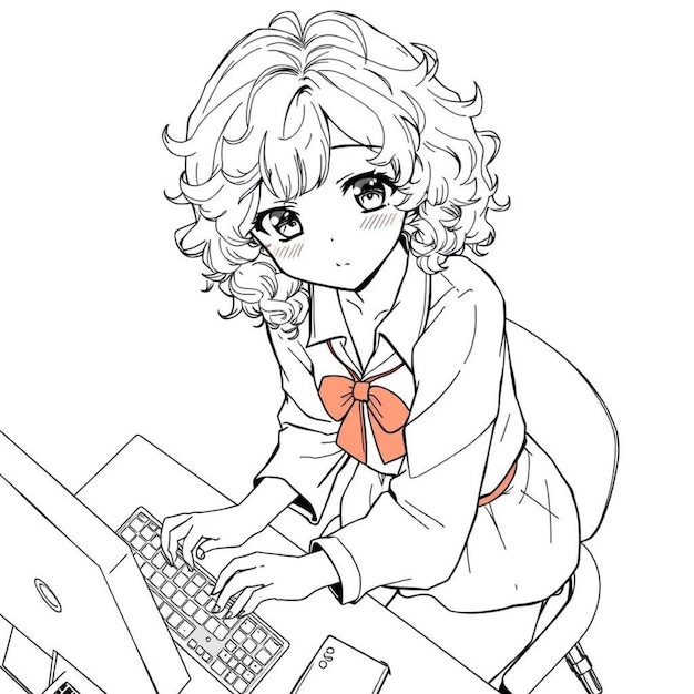 um desenho de uma menina com um laptop e um computador