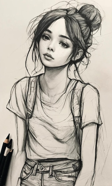 Foto um desenho de uma menina com uma caneta na mão