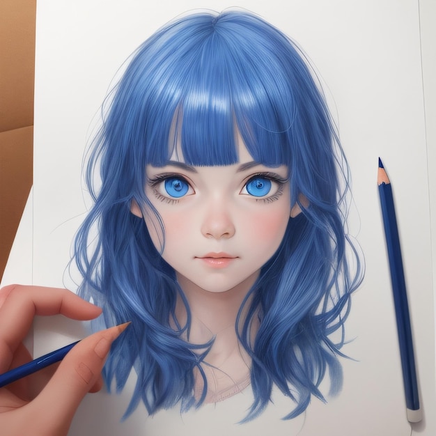 Foto um desenho de uma menina de cabelo azul com cabelo azul.