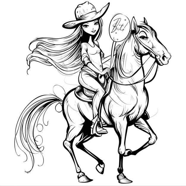 um desenho de uma menina em um cavalo com um chapéu