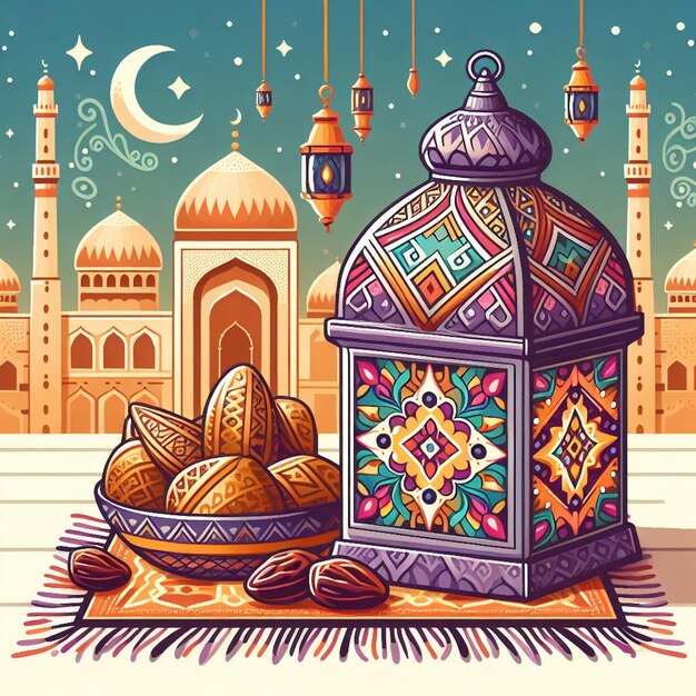 Foto um desenho de uma mesquita com uma cesta de nozes e uma mesquita no fundo
