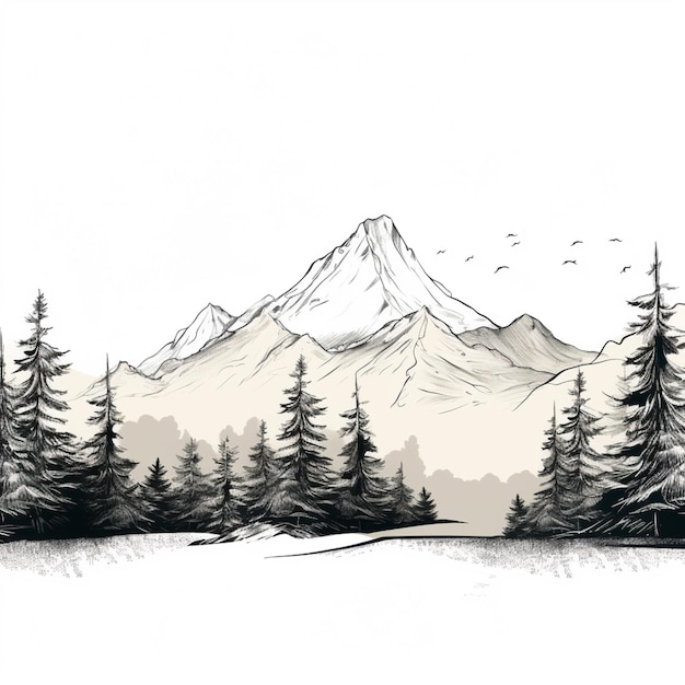 um desenho de uma montanha com árvores e pássaros voando em torno generativo ai