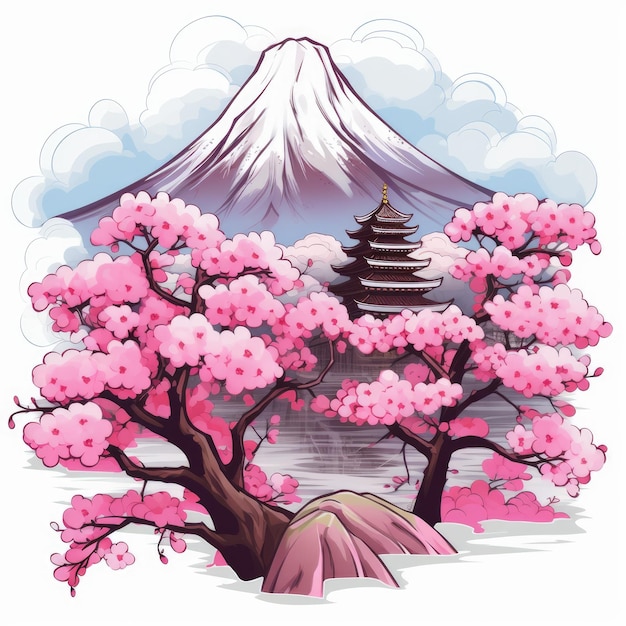 Um desenho de uma montanha com flores cor-de-rosa e um pagode ao fundo.