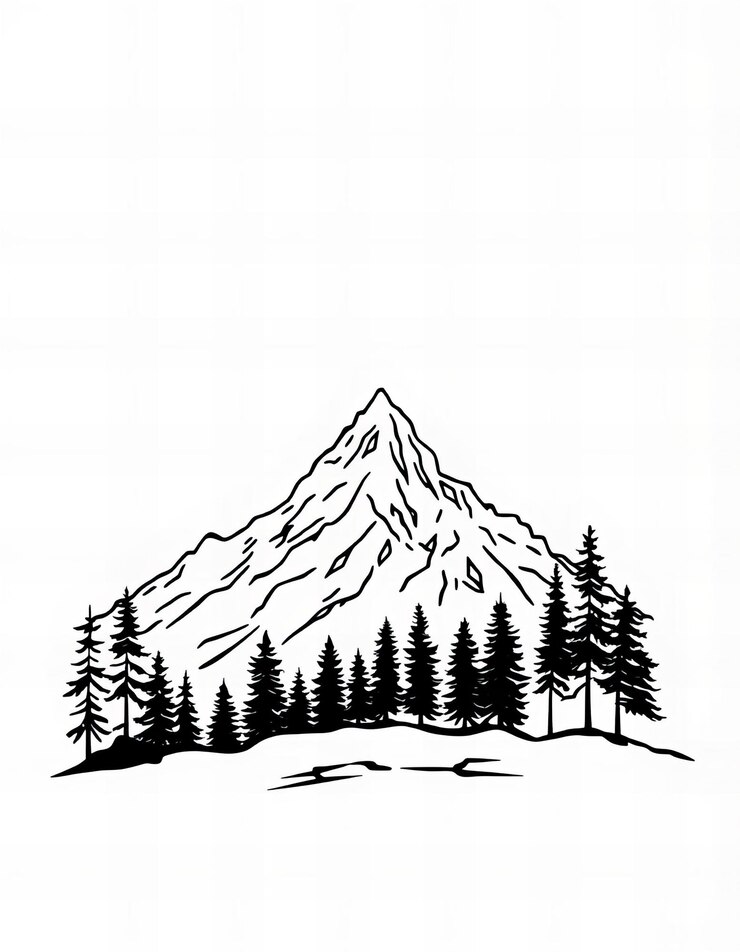 Foto um desenho de uma montanha com uma imagem de árvores nele