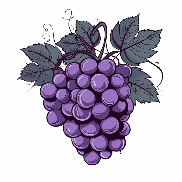 Um desenho de uma moranga com uma folha verde e uma uva roxa.